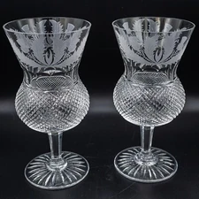 READ - Edinburgh Crystal Thistle Water Goblet Glasses SIGNED 6 1/2" - Pair