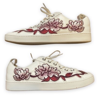 DKNY Floral Embroidery White Leather Sneakers Size