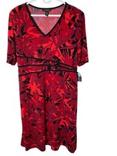 NWT Style & Co Dress Sz 16 Red Black Abstract Print Stretch V-Neck Knee Length