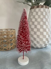 Bottle Brush Tree Red Glitter White Flocked Christmas Village Vintage Style 7"
