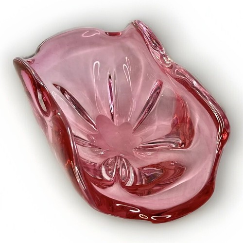 AFORS Sweden Bosse Rubin Pink & Clear Hand Blown Glass Ashtray Dish Signed - Picture 3 of 10