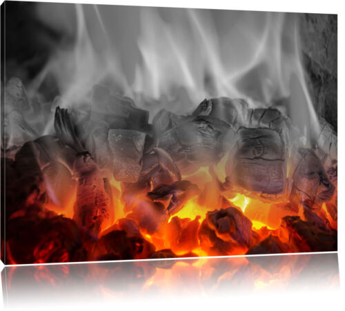 brennende Holzkohle in Kamin schwarz/weiß Leinwandbild Wanddeko Kunstdruck - Bild 1 von 5