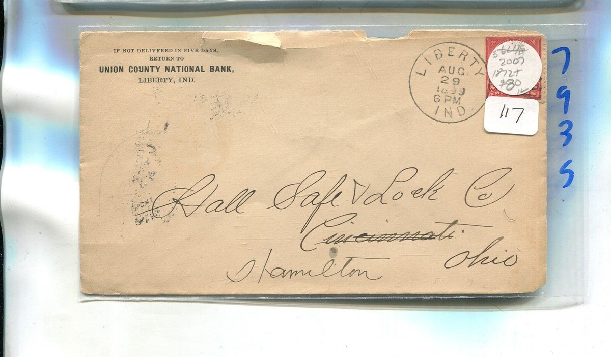 LIBERTY INDIANA UNION NATIONAL BANK STAMP COVER 1899 793S | eBay