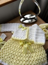 Baby Girl Dresss Mary Jane Shoes Headband ShrugHand Crochet 0 to 3 Romany Reborn