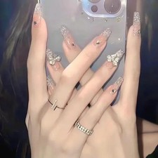 Pink Fake Nails Press on Designs Art Long Tips False Forms Sticker Reusable Set