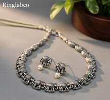Ethnic Oxidized Silver Elephant Necklace and Earrings Jewelry Set