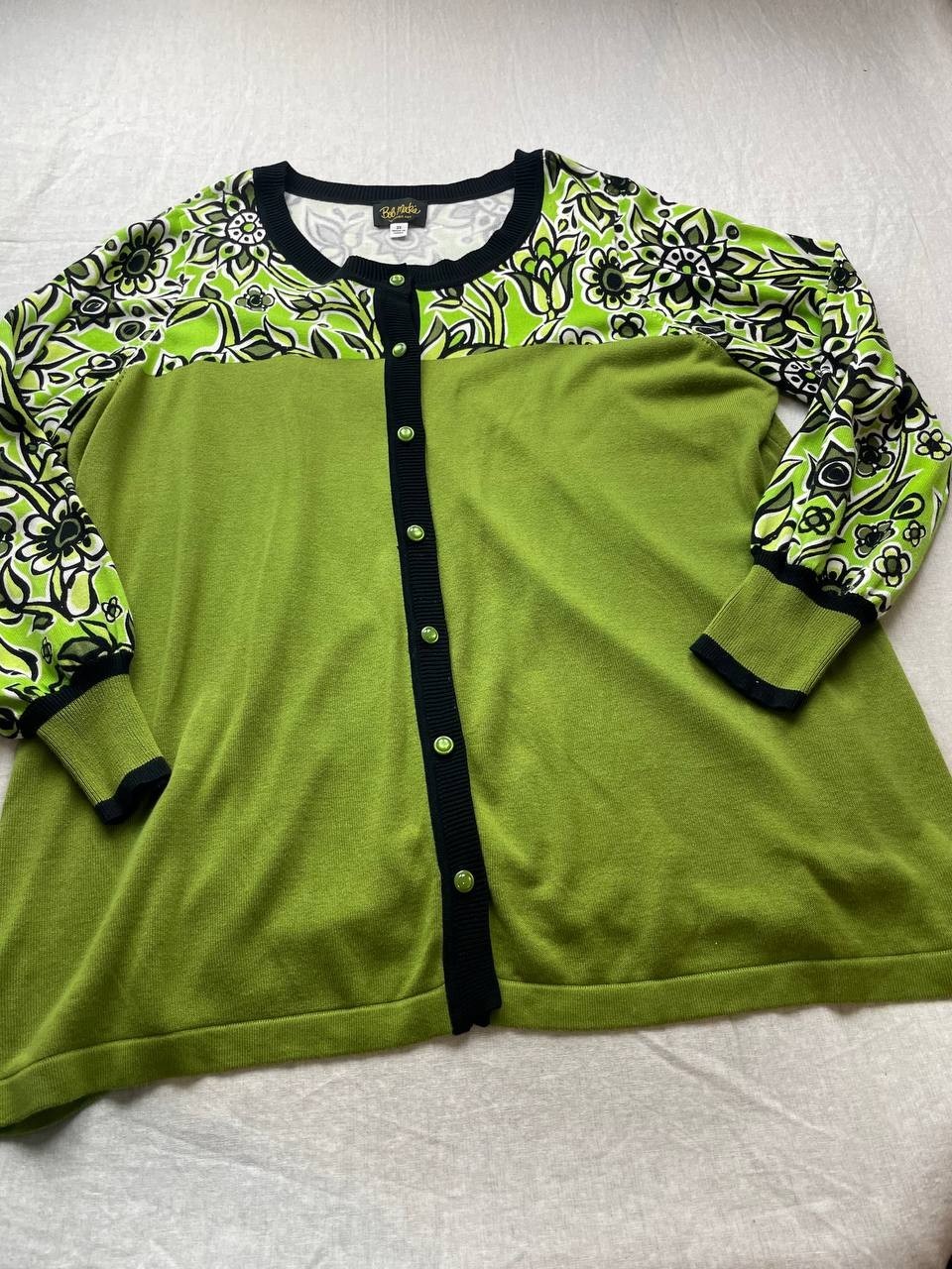 Bob Mackie Wearable Art Green Floral Knit Cardigan Women Size 2X Pearl Snap Knit