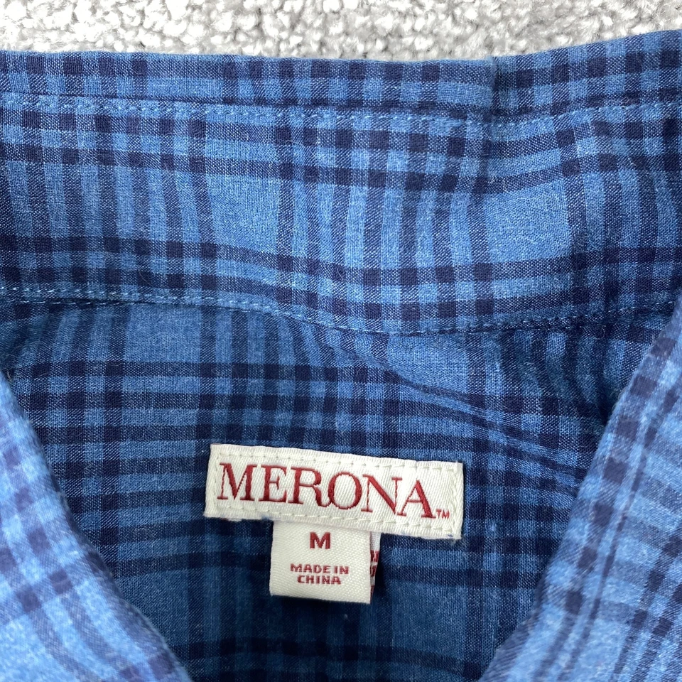 Camisa con botones Merona para hombre mediana azul negra a cuadros manga larga algodón Foto 3 de 4