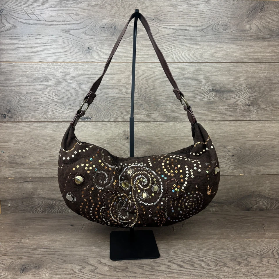 VTG Floral Beaded Hand Bag Shoulder Bag Brown Suede Embellished Embroidered Hobo - Image 2 of 4