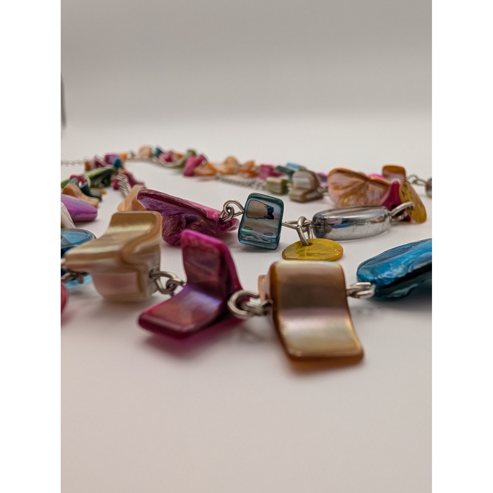 Statement Necklace Colorful Shells Silver Tone Ch… - image 3