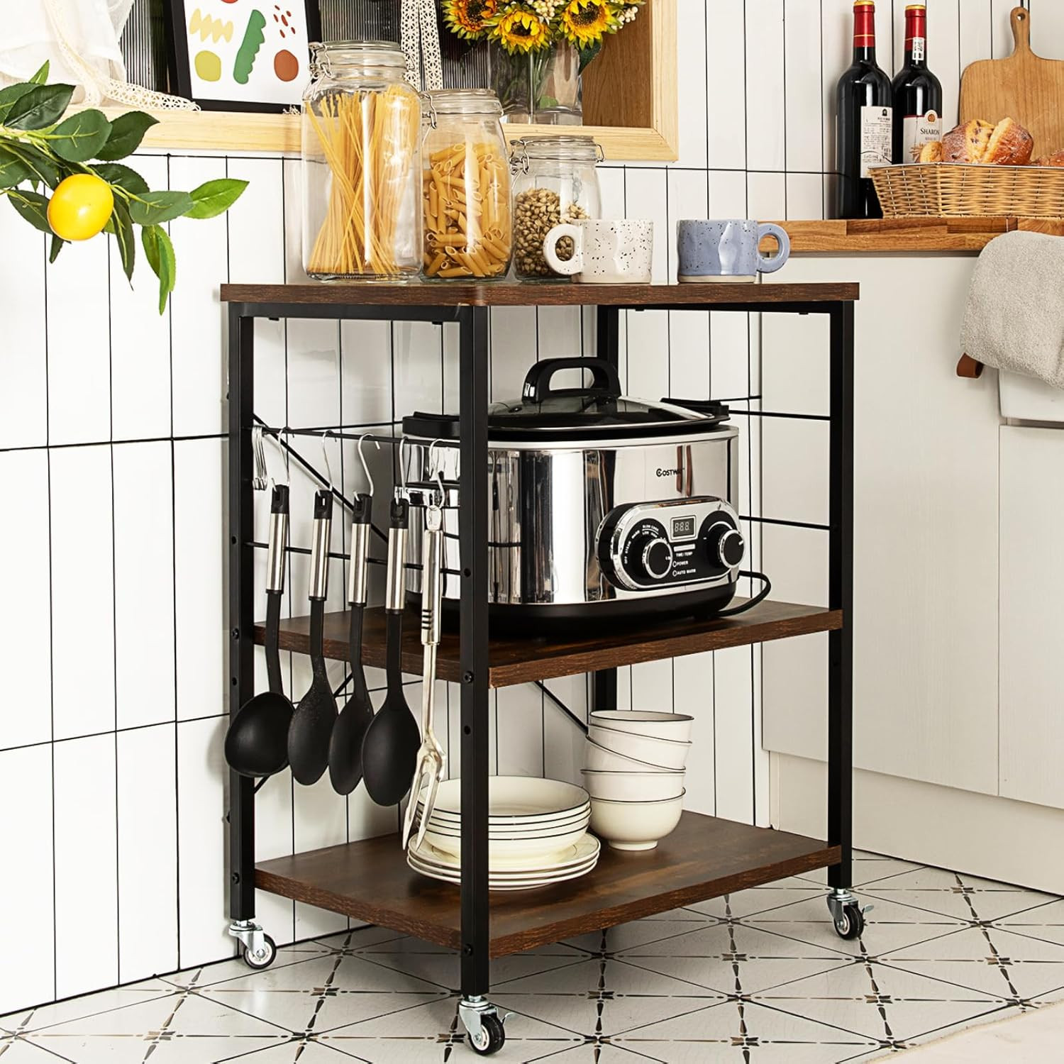 Bakers Rack Kitchen Storage Cart 3 Tier Adjustable Shelves Hooks Lockable Wheels
