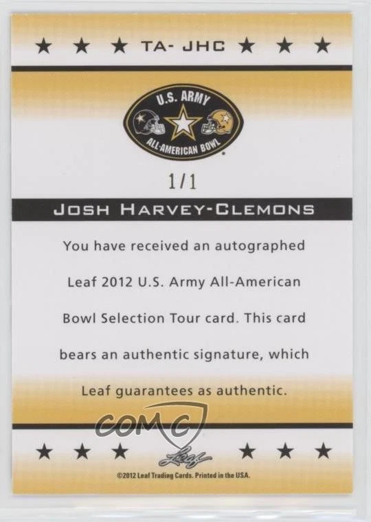 2012 Leaf US Army All-American Bowl 1/1 Josh Harvey-Clemons #TA-JHC Auto 5s3 - Image 2 of 3
