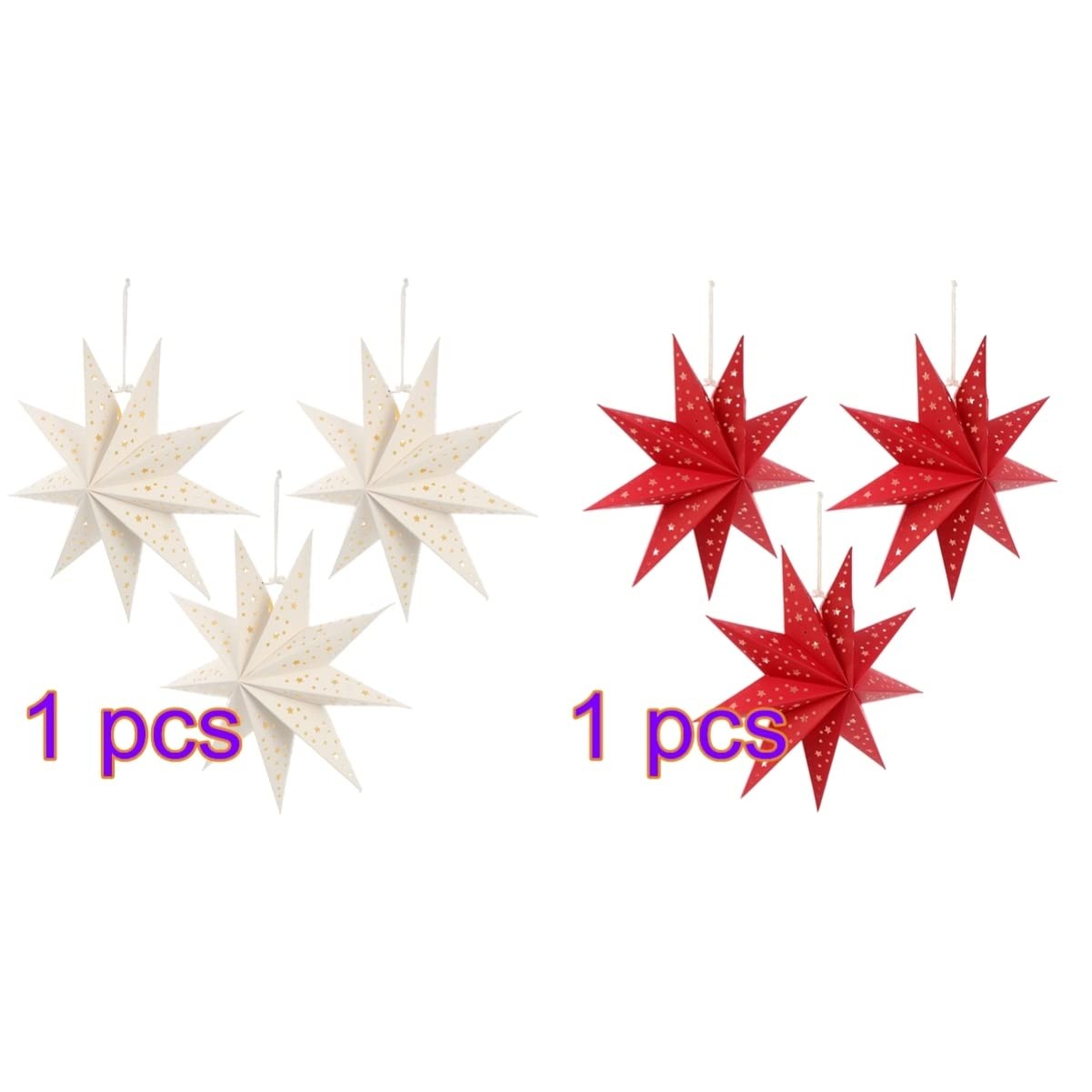 6 Pcs White, Red 9-Pointed Paper Star Lantern, Lampshade, Hanging, Christmas