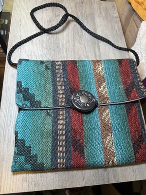 Southwestern KILIM Flap Shoulder Bag Medallion Braided Black Strap 10x8 Navajo