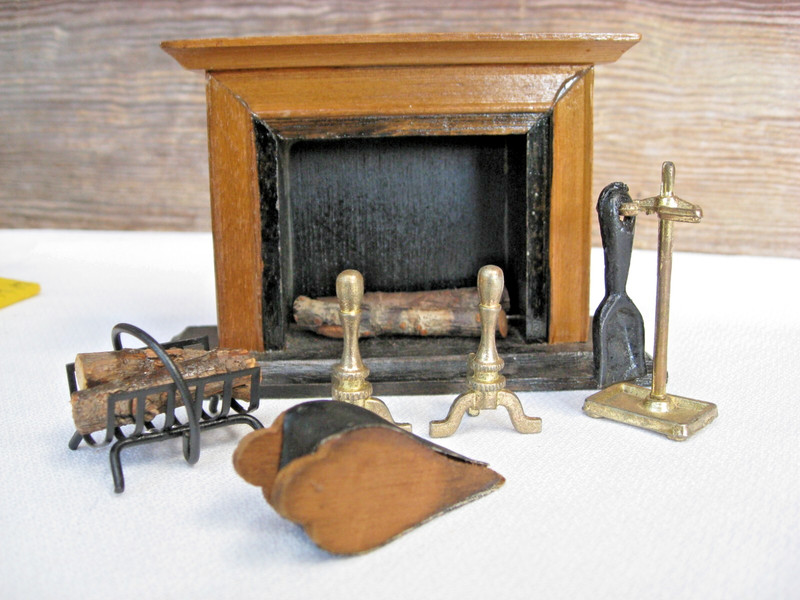 Vtg Wood Doll House Fireplace + logs, andirons, log holder, tool holder & shovel
