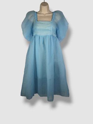 $761 Paskal Women's Blue Puff-Sleeve Organza Midi Dress Size Medium