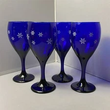4 Libbey Cobalt Blue & White Snowflake Water Goblet or Wine Glass
