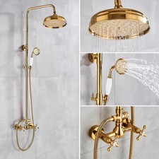 Luxury Gold Brass Bathroom 8" Round Shower Faucet Set Wall Mounted Mixer Tap