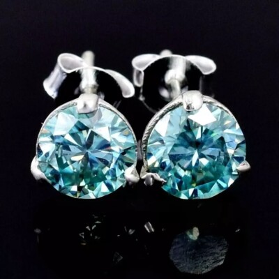 3.00 Ct Certified Blue Treated Diamond Studs Earrings in 925 Sterling Silver !