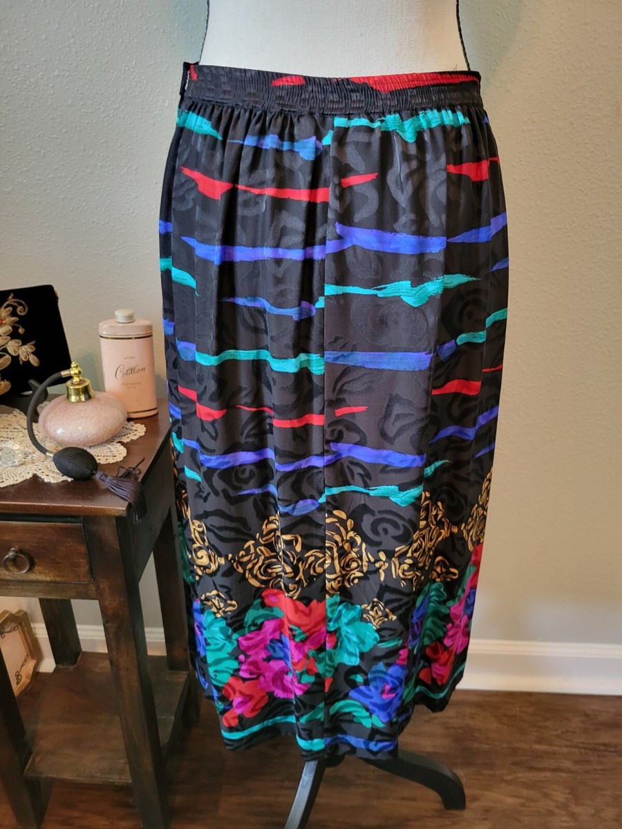 80s Vintage Black Midi Floral Silk Skirt, By Anne Crimmins For Umi  Collections