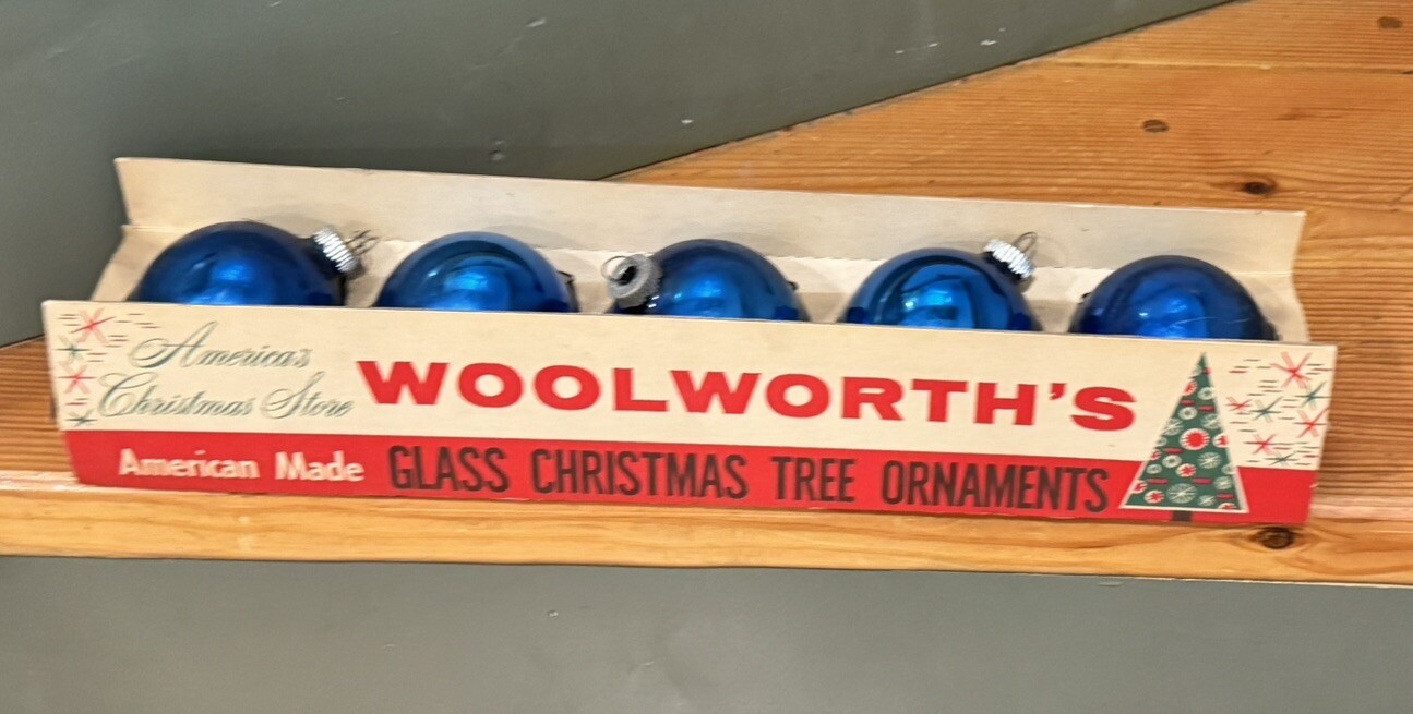 Vintage WOOLWORTH'S Glass Ornament Box SHINY BRITE 5 Blue Ornaments eBay