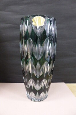 Val Saint Lambert Belgien Blumenvase Kristallglas grün graviert mit Box