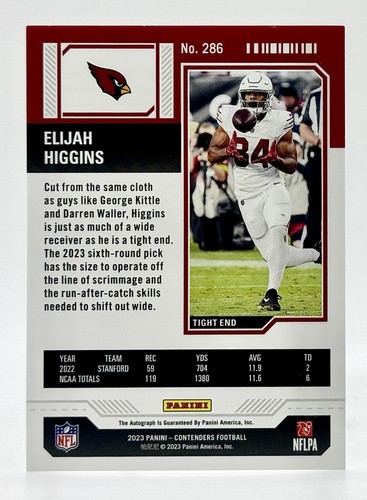 2023 Panini Contenders #286 Elijah Higgins RC Auto Arizona Cardinals - Picture 2 of 2