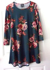Womens romantic swing dress S   M teal w/roses floral stretch career EUC pullovr