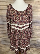 Entro Medium Prairie Dress Lace Detail Boho Festival Hippie Floral Bell Sleeve