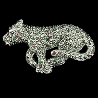 Silber Brosche Rubin Smaragd Markasit echt natürlich abgebaut Edelsteine massiv Sterling