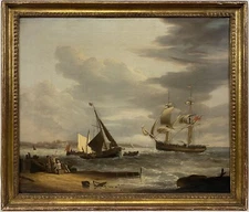 Exceptional Early 19th C. George Webster British Ships Harbor Seascape SIGNED
