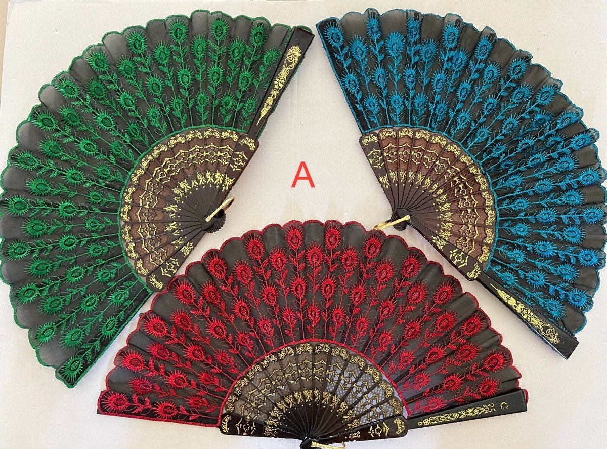 Lot of 3 Spanish Embroidered Silk Cloth Folding Hand Fan NEW | eBay