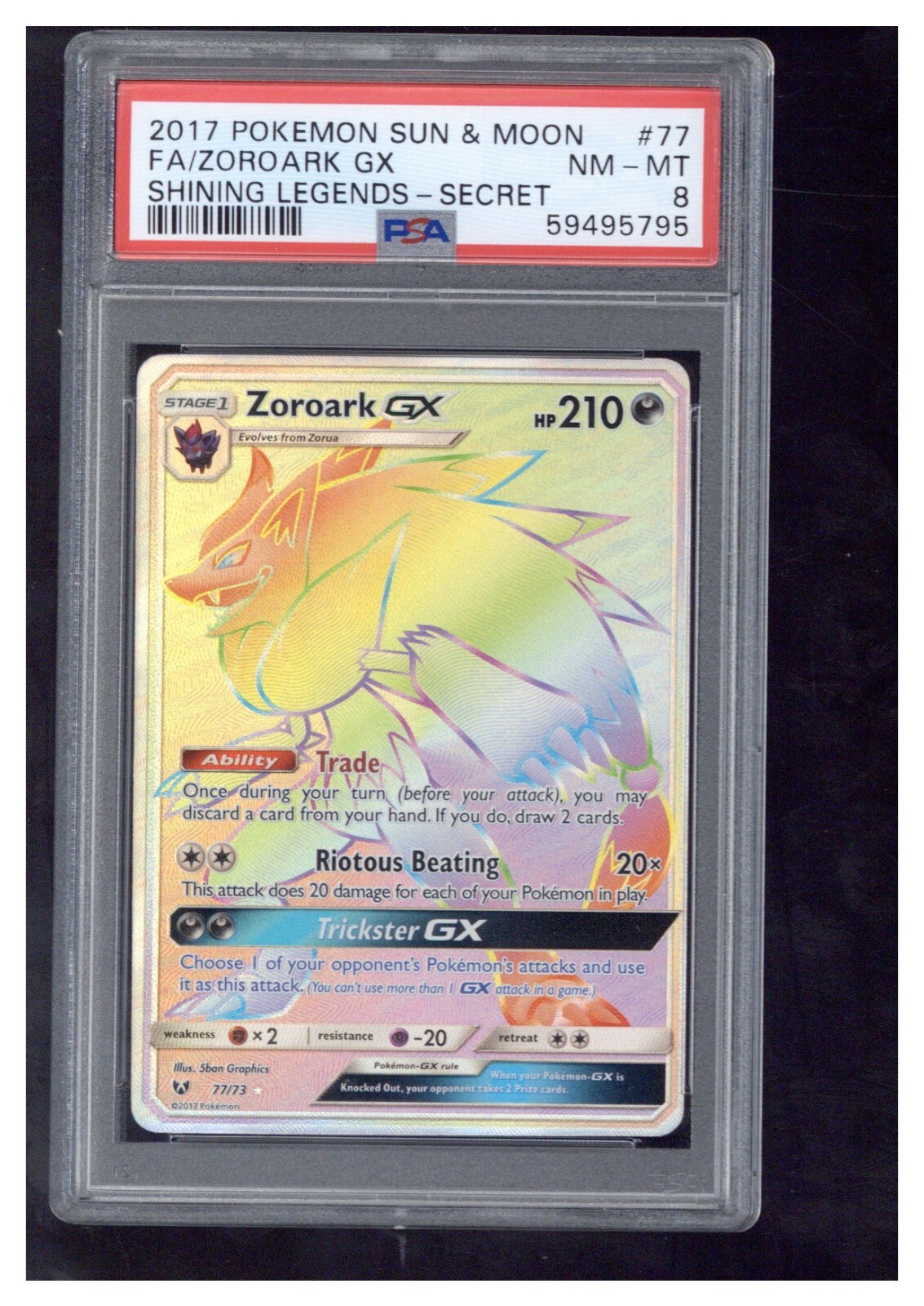 2017 Pokemon Sun & Moon Shining Legends 77 Full Art/Zoroark GX Secret PSA 8