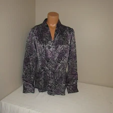 East 5th Polyester V-Button Front Shirt Blouse Top Gray/Purple Floral L NWT