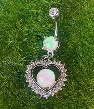 Opal Glitter Center Crystal Heart Dangle Belly Button Ring Navel Naval (w1391)