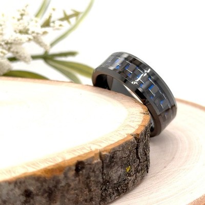 8mm Black Tungsten Promise Ring Blue Carbon Fiber Inlay Band For Christmas Gifts