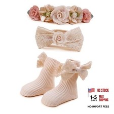 Baby Girl Headbands and Socks Set, 3Pcs Soft Floral Hairbands Beige Lace bows