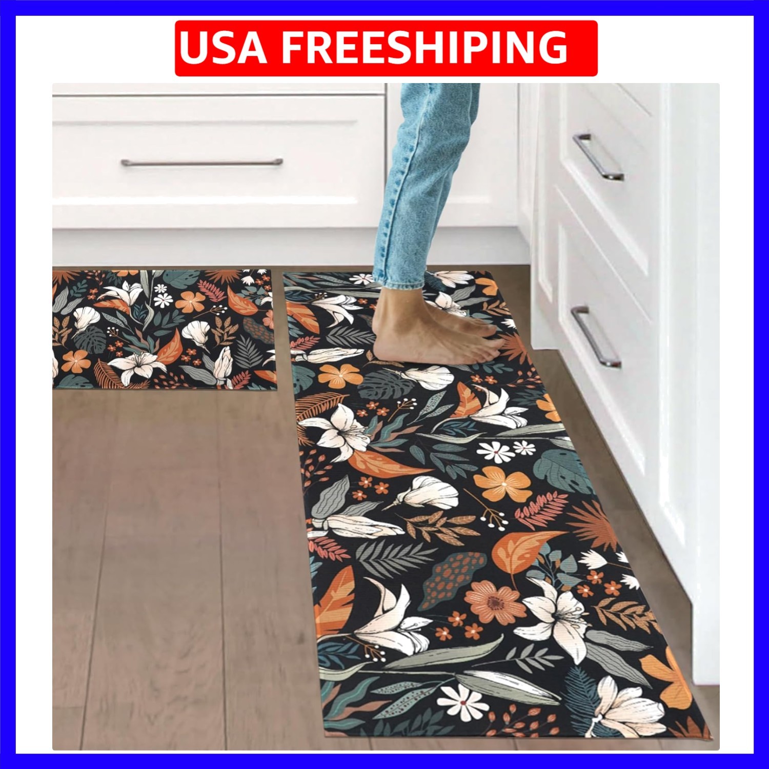Floral Boho Kitchen Mat Set of 2 Kitchen Decor and Accessories Rug, Black Boh...