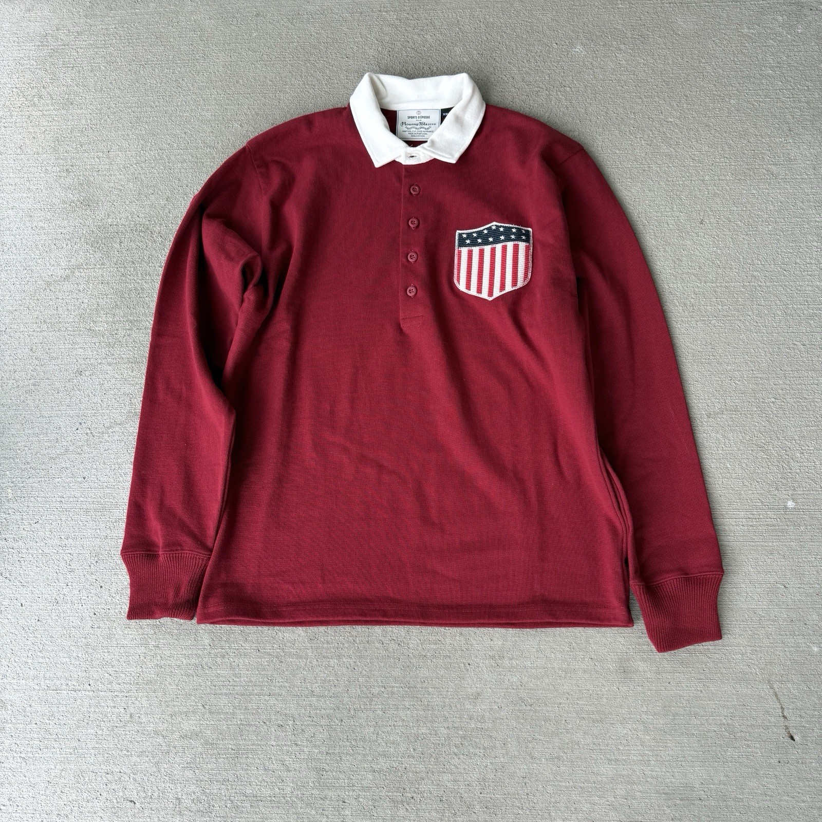 FILA Rowing Blazers USA Flag Rugby Shirt Uomo XXL Rosso Bianco Blu Manica Lunga Polo