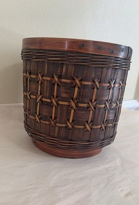 Vintage Handwoven Lacquered Rattan Cachepot Boho MCM Ikebana Basket 7 
