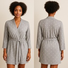 Laura Ashley Short Robe Gray w/White Polka Dots Belted Cozy Soft Feminine Large