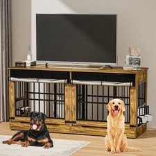 78" Double Dog Crate Furniture with Divider Swivel Bowls Wheels for 2 Dogs