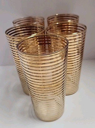 MCM Gold Banded Striped Glasses Highball Tumblers Vintage-Set of 5 - Picture 2 of 7