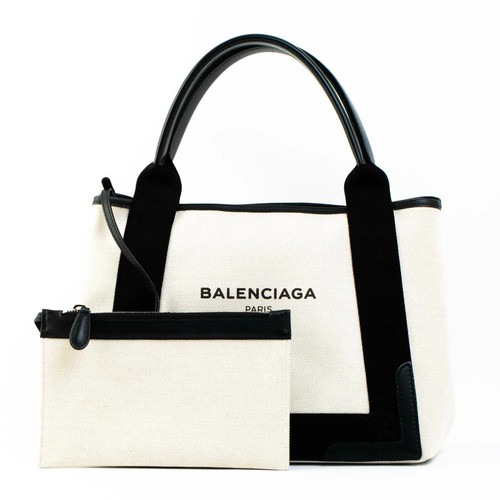 Balenciaga 339933 Navy Cabas S Handbag Tote Bag Canvas Leather Off-White Black 3