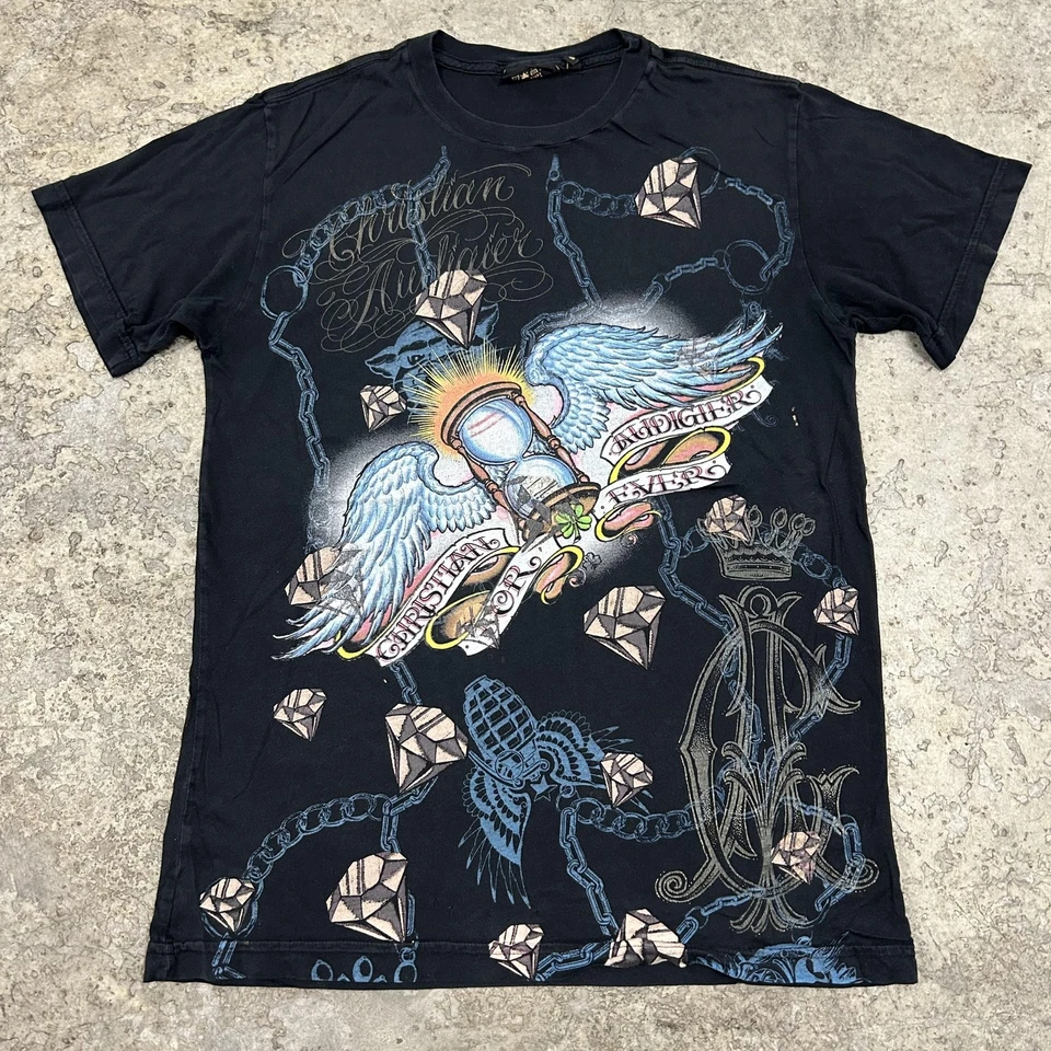 Christian Audigier Shirt Mens Small Black All Over Graphic Diamonds Made in USA - Image 4 of 4