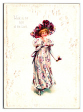 Original Victorian Trade Card 1890s - Young Lady In Flower Dress With Hat