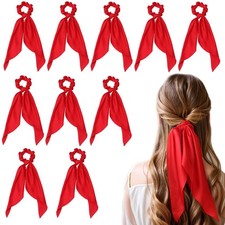 10 PCS Red Scrunchie Bow Satin Hair Ribbons Ties Accessories For Women