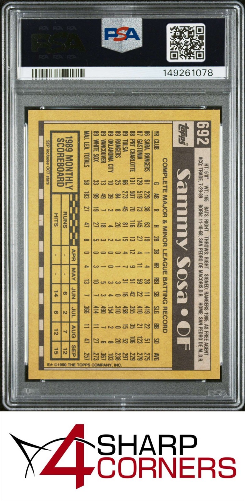 1990 TOPPS #692 SAMMY SOSA RC RANGERS PSA 8 DNA AUTO 10 view 2