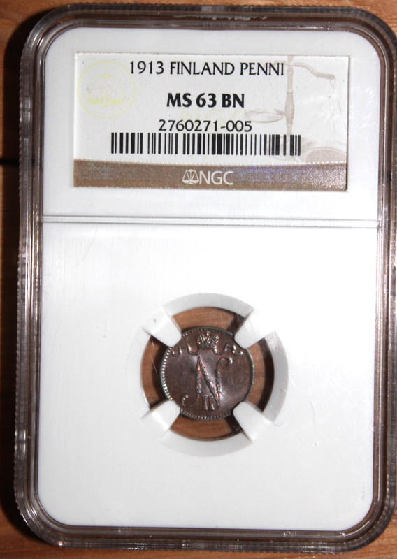 Finland Russian Tsar Nicolas II  1913 1 Penni NGC MS63 BN , Very nice colors