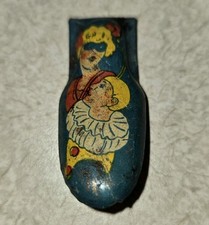 Vtg Tin Litho Toy Party Noisemaker Clacker Masquerade Masked Lady Clown Blue Red